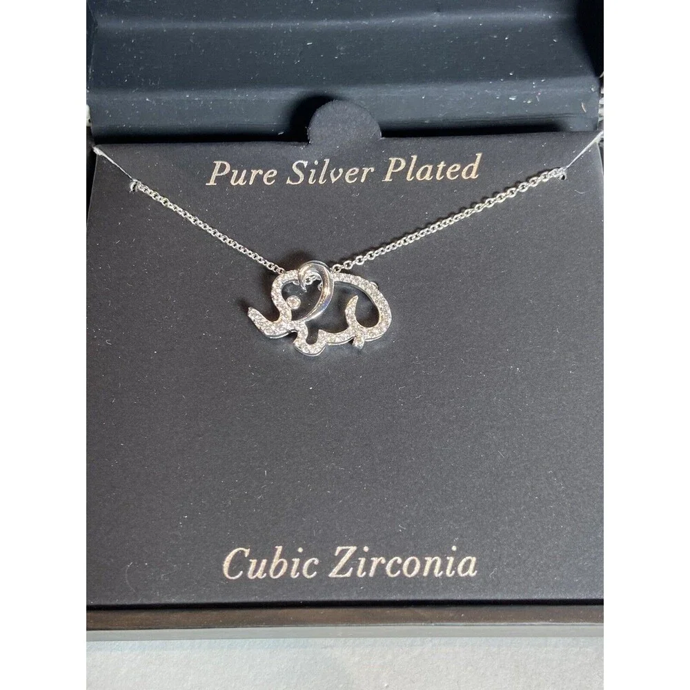 New Elephant Necklace Cubic Zirconia Silver Plate 18” Chain Trunk Up Good Luck